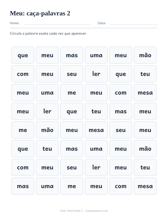 Prévia da palavra frequente “meu”, caça-palavras 2