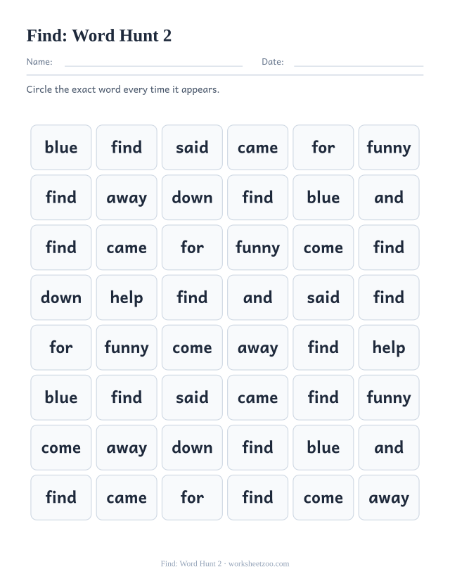 Sight word “find” worksheet, word hunt 2 printable activity
