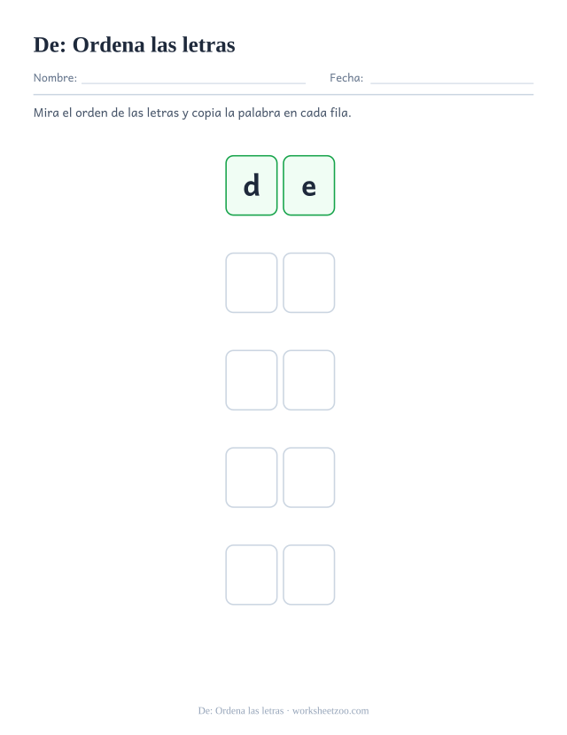 Ficha de la palabra frecuente «de», ordena las letras para imprimir