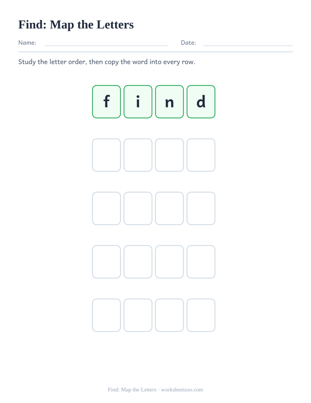 Sight word “find” worksheet, map the letters printable activity
