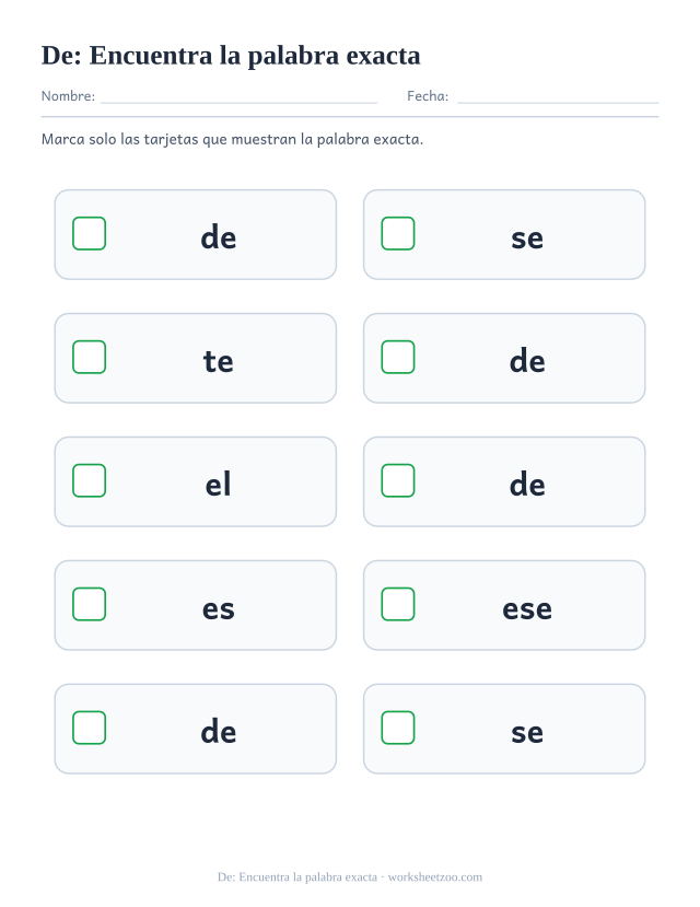 Ficha de la palabra frecuente «de», encuentra la palabra exacta para imprimir