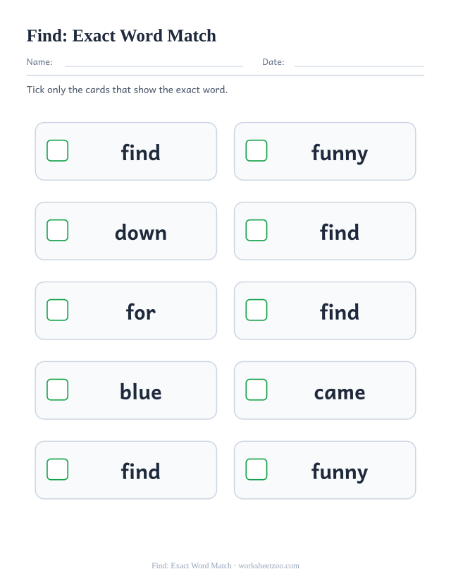 Sight word “find” worksheet, exact word match printable activity