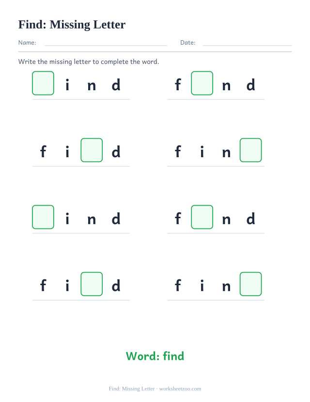 Sight word “find” worksheet, missing letter printable activity