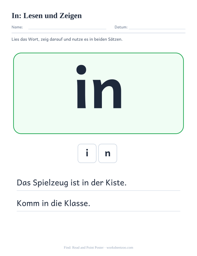 Vorschau: häufiges Wort „in“, Lesen und Zeigen