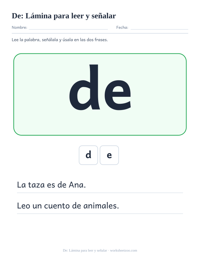 Ficha de la palabra frecuente «de», lámina para leer y señalar para imprimir