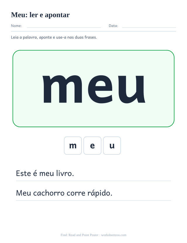 Prévia da palavra frequente “meu”, ler e apontar