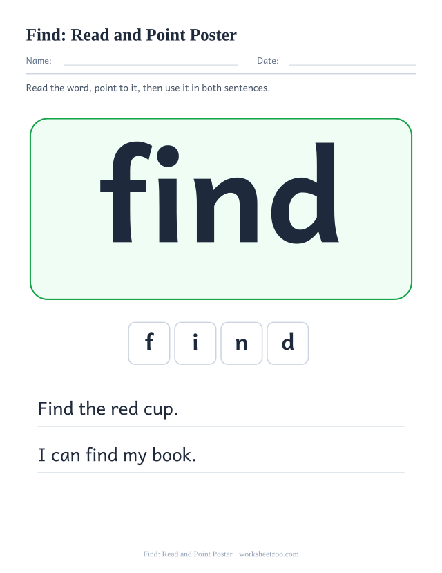 Sight word “find” worksheet, read and point poster printable activity