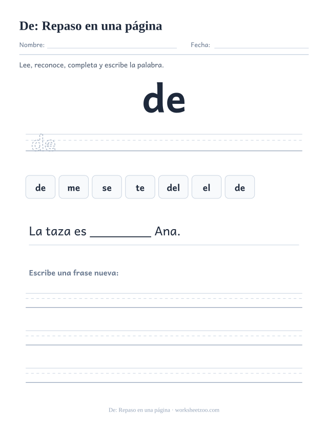 Ficha de la palabra frecuente «de», repaso en una página para imprimir