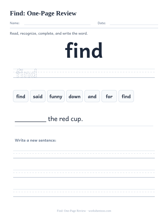 Sight word “find” worksheet, one-page review printable activity