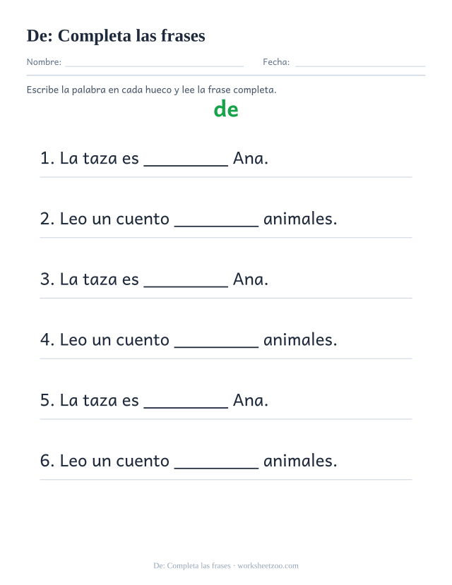 Ficha de la palabra frecuente «de», completa las frases para imprimir