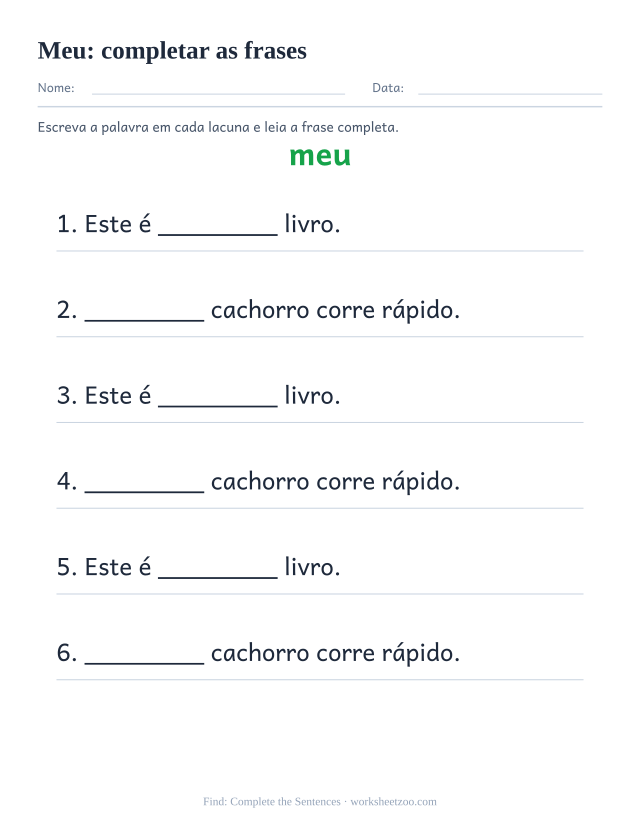 Prévia da palavra frequente “meu”, completar as frases