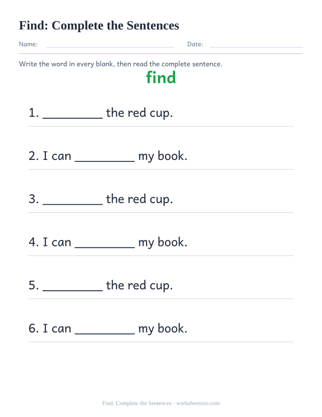 Sight word “find” worksheet, complete the sentences printable activity
