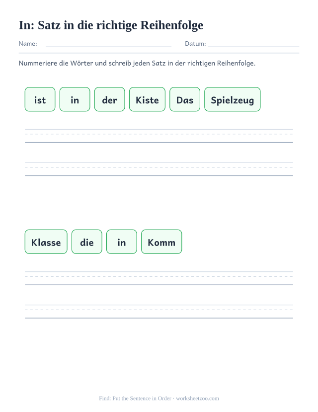 Vorschau: häufiges Wort „in“, Satz in die richtige Reihenfolge