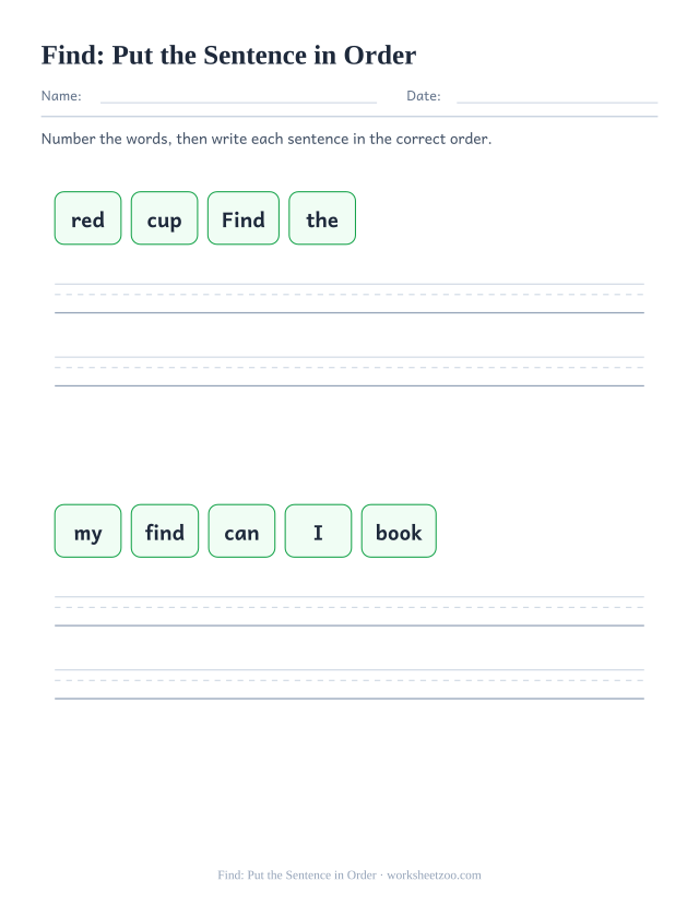 Sight word “find” worksheet, put the sentence in order printable activity