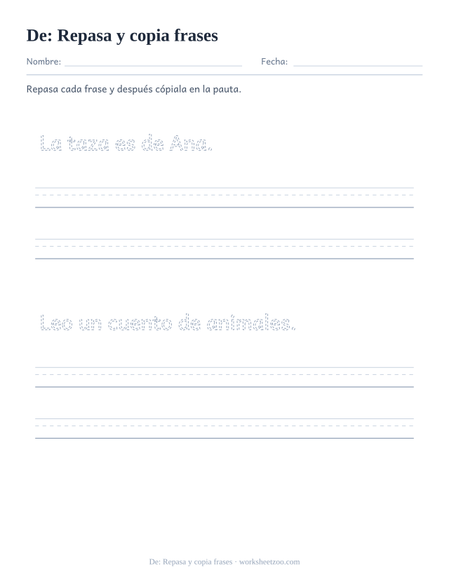 Ficha de la palabra frecuente «de», repasa y copia frases para imprimir