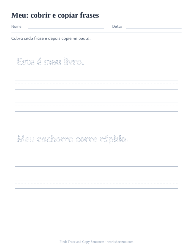 Prévia da palavra frequente “meu”, cobrir e copiar frases