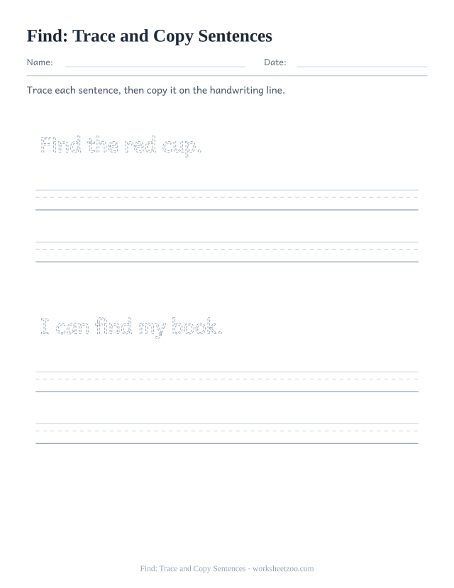 Sight word “find” worksheet, trace and copy sentences printable activity