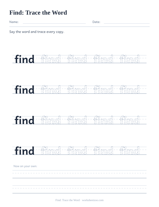 Sight word “find” worksheet, trace the word printable activity