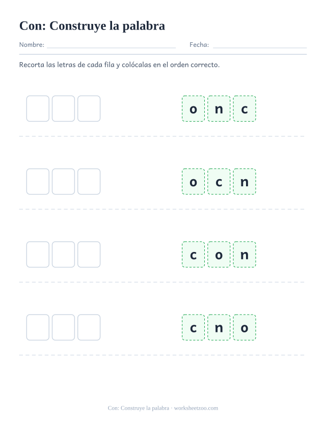 Ficha de la palabra frecuente «con», construye la palabra para imprimir