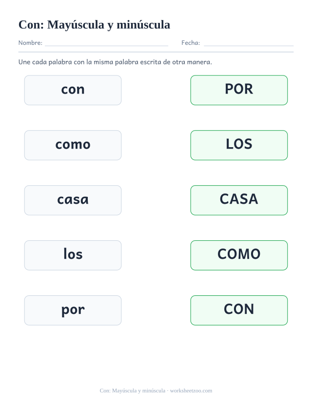 Ficha de la palabra frecuente «con», mayúscula y minúscula para imprimir
