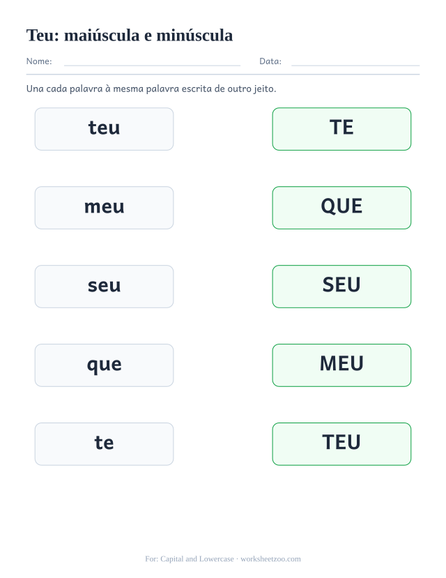 Prévia da palavra frequente “teu”, maiúscula e minúscula