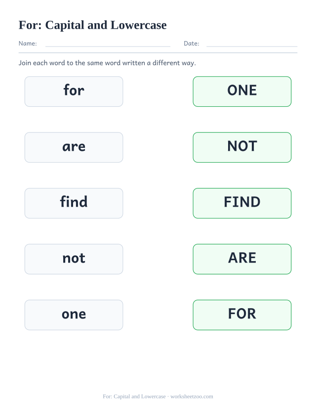 Sight word “for” worksheet, capital and lowercase printable activity