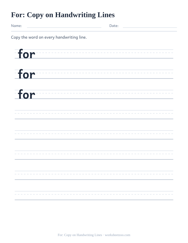 Sight word “for” worksheet, copy on handwriting lines printable activity