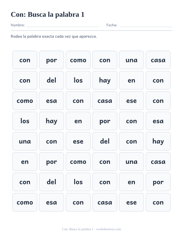 Ficha de la palabra frecuente «con», busca la palabra 1 para imprimir