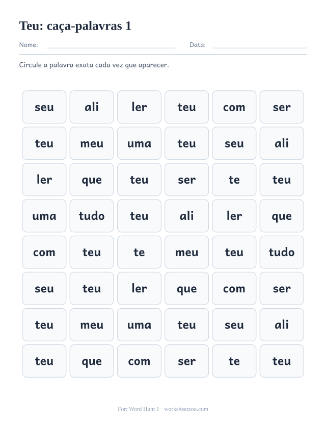 Prévia da palavra frequente “teu”, caça-palavras 1