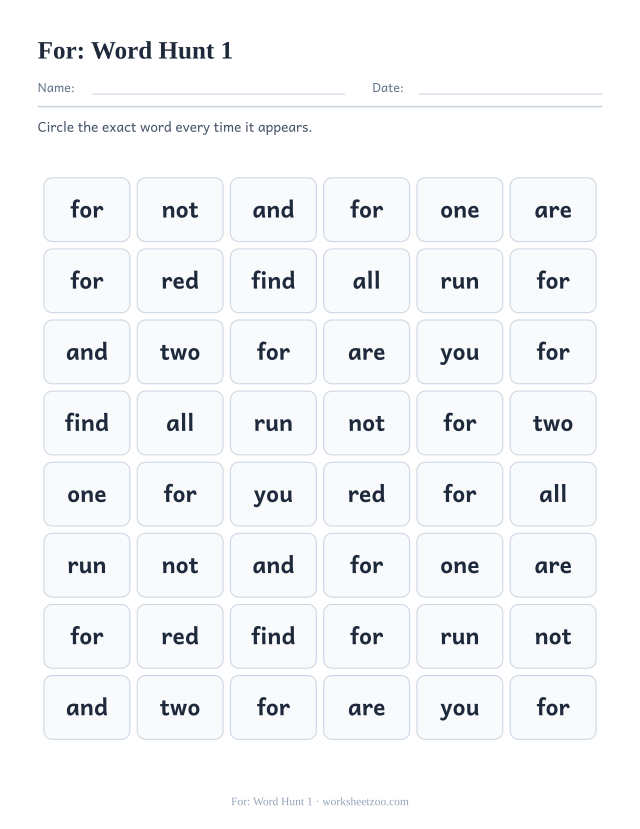 Sight word “for” worksheet, word hunt 1 printable activity