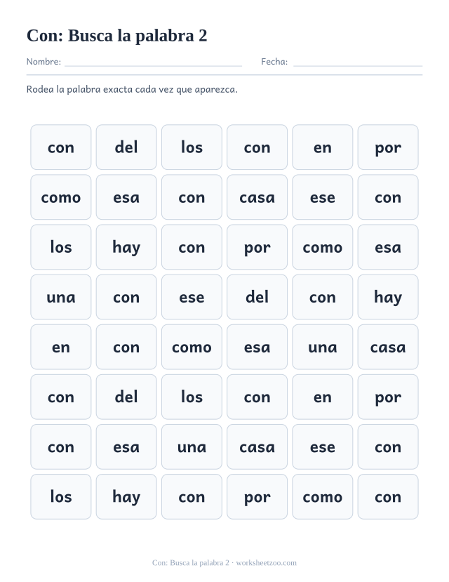 Ficha de la palabra frecuente «con», busca la palabra 2 para imprimir