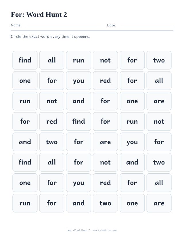 Sight word “for” worksheet, word hunt 2 printable activity
