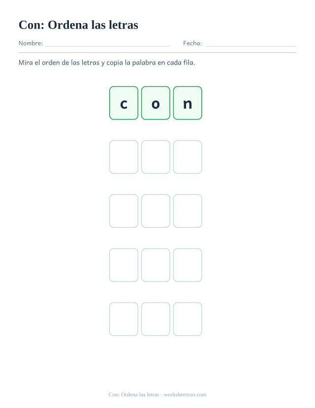 Ficha de la palabra frecuente «con», ordena las letras para imprimir