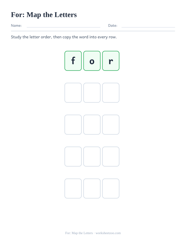 Sight word “for” worksheet, map the letters printable activity