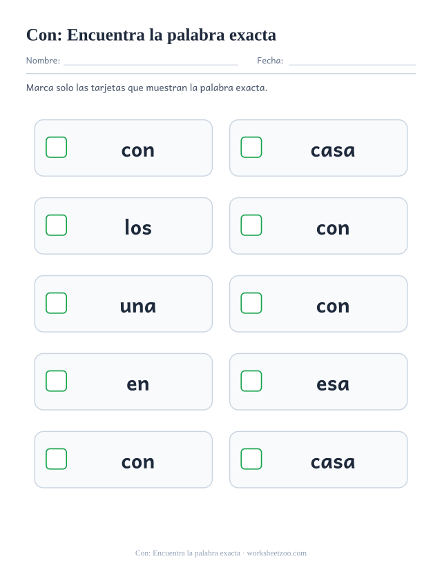 Ficha de la palabra frecuente «con», encuentra la palabra exacta para imprimir
