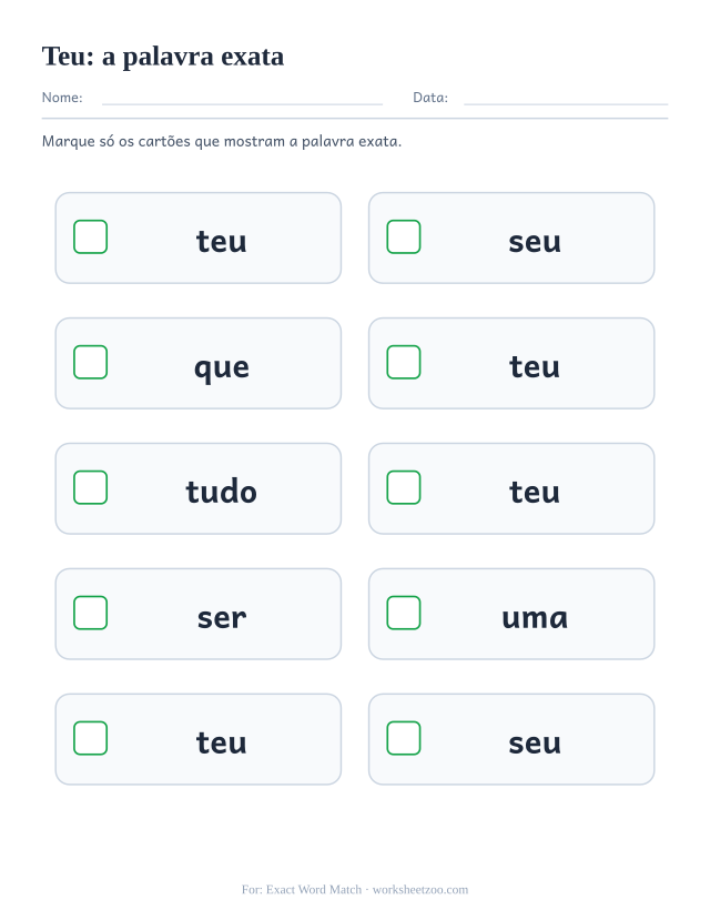 Prévia da palavra frequente “teu”, a palavra exata