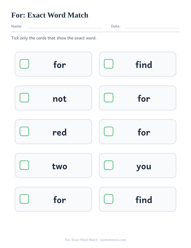 Sight word “for” worksheet, exact word match printable activity