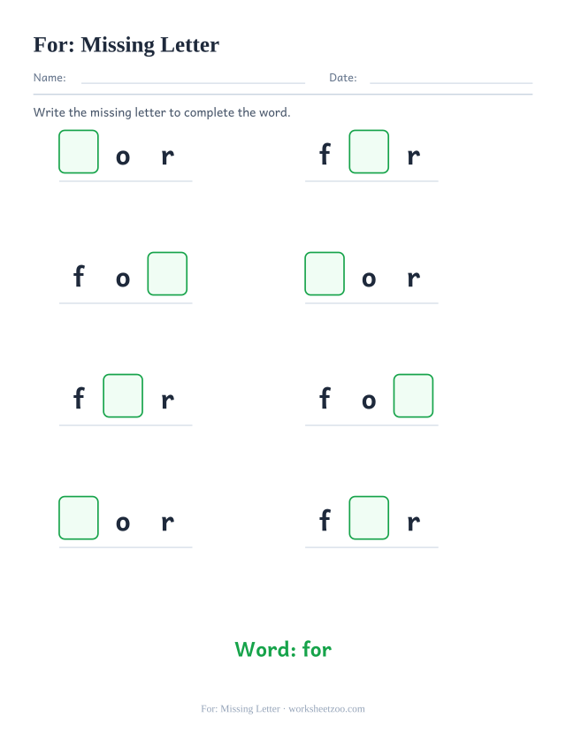 Sight word “for” worksheet, missing letter printable activity