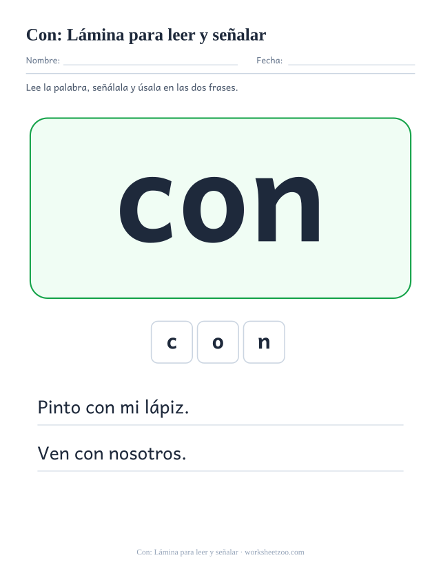 Ficha de la palabra frecuente «con», lámina para leer y señalar para imprimir