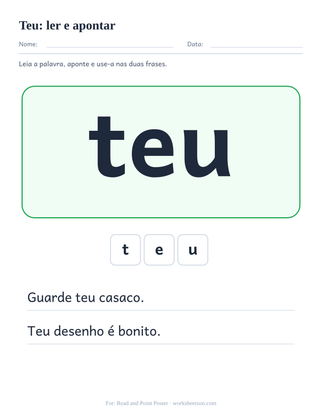 Prévia da palavra frequente “teu”, ler e apontar
