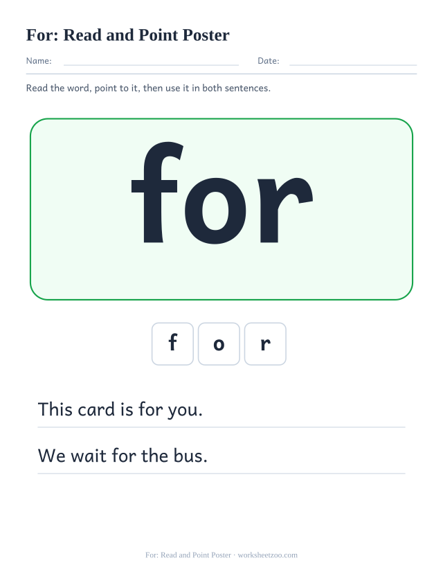 Sight word “for” worksheet, read and point poster printable activity