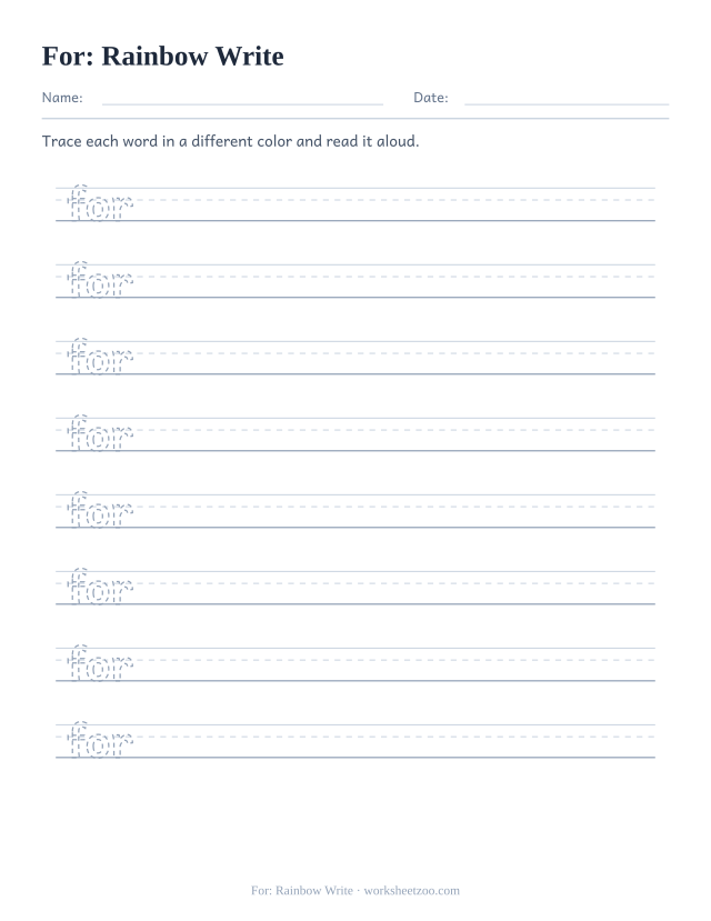 Sight word “for” worksheet, rainbow write printable activity