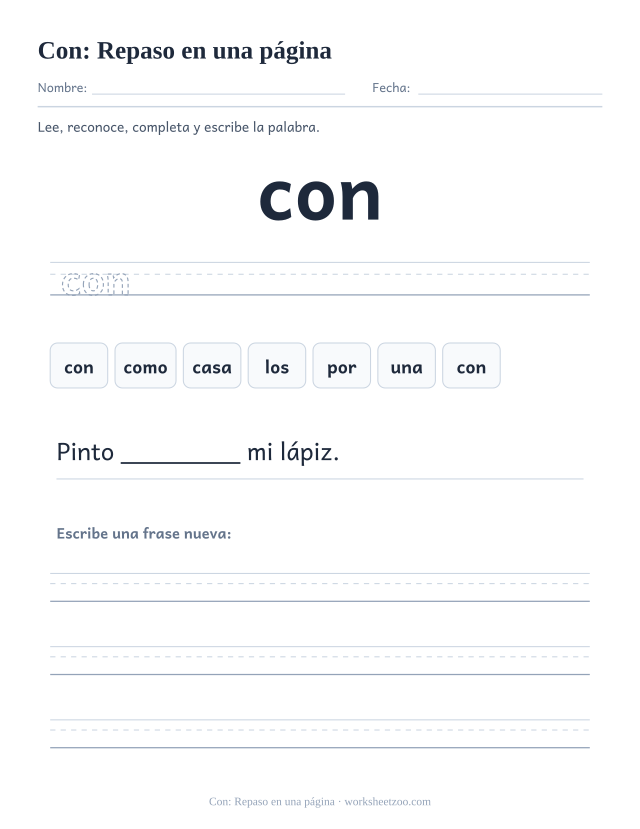 Ficha de la palabra frecuente «con», repaso en una página para imprimir