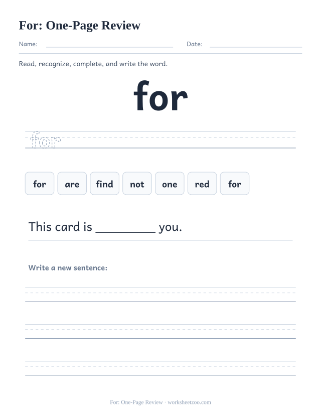 Sight word “for” worksheet, one-page review printable activity
