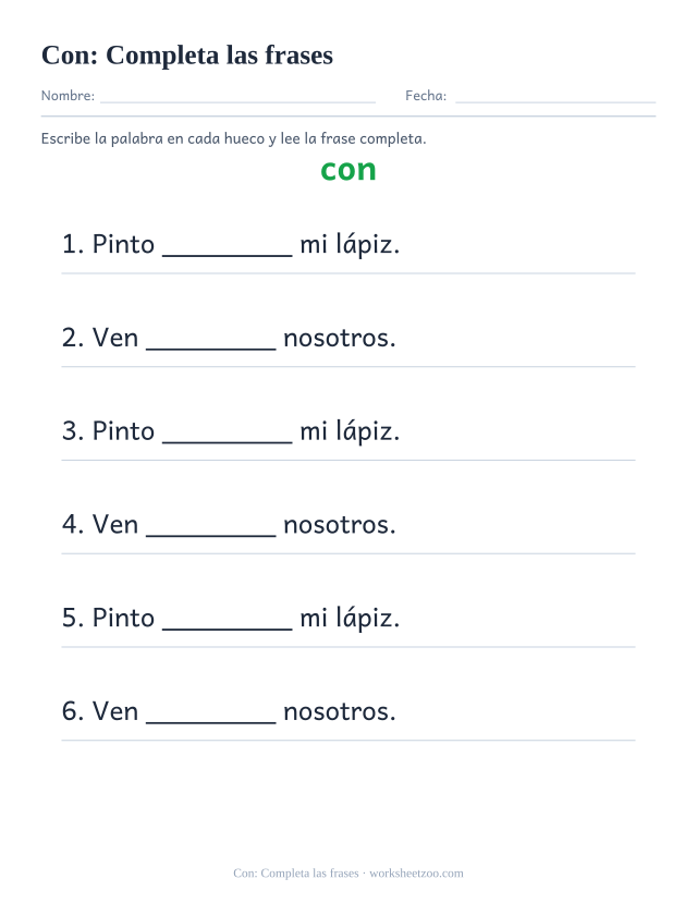 Ficha de la palabra frecuente «con», completa las frases para imprimir