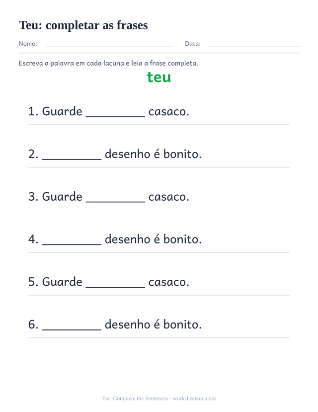 Prévia da palavra frequente “teu”, completar as frases