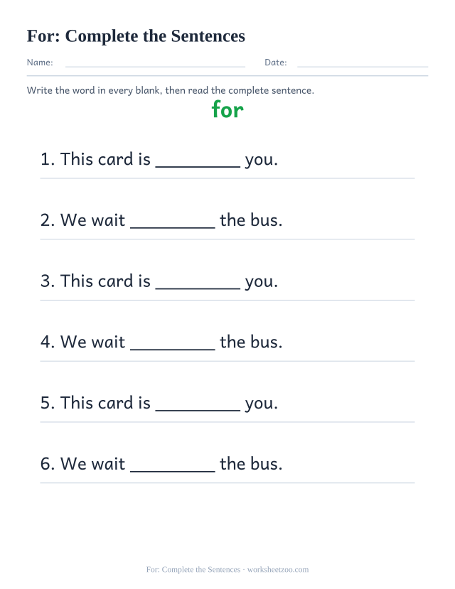 Sight word “for” worksheet, complete the sentences printable activity