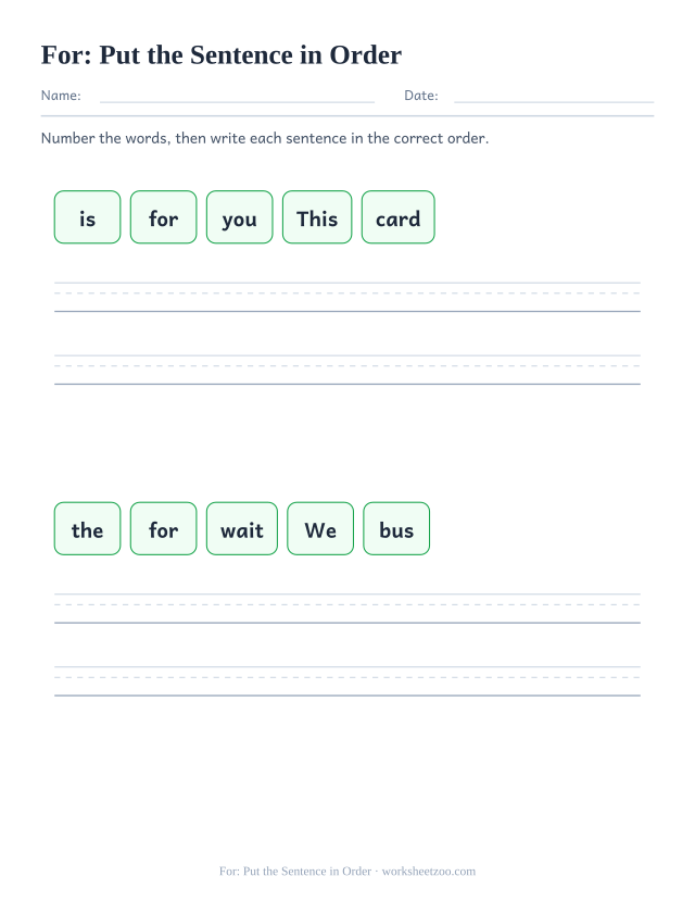 Sight word “for” worksheet, put the sentence in order printable activity
