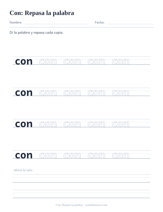 Ficha de la palabra frecuente «con», repasa la palabra para imprimir