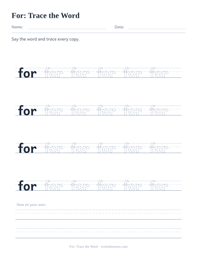 Sight word “for” worksheet, trace the word printable activity